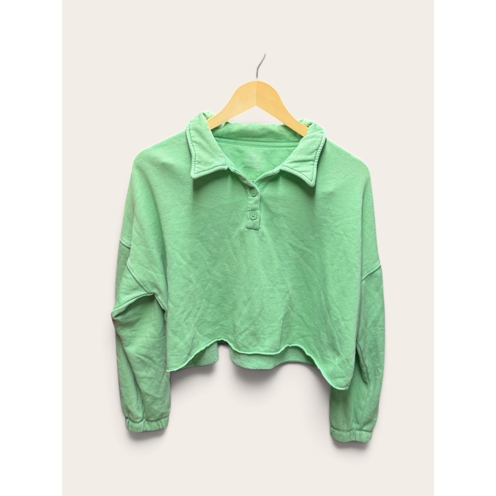 Aerie Women Green Cropped Polo Sweatshirt Long Sleeve Raw Hem Small RN54485